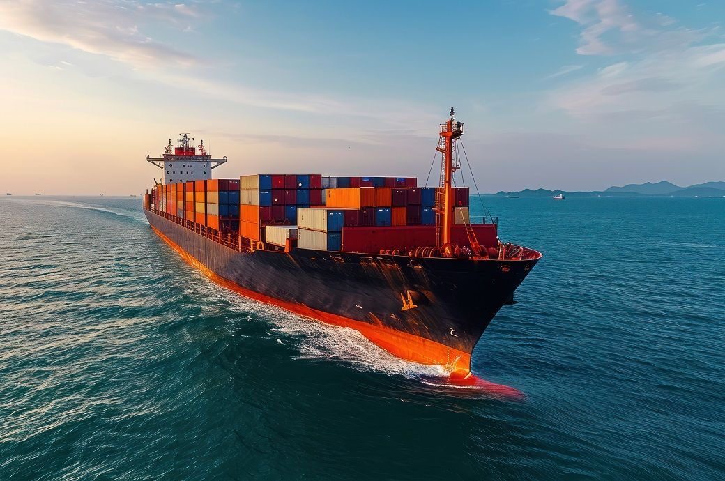 Container vessel at sea during golden hour
