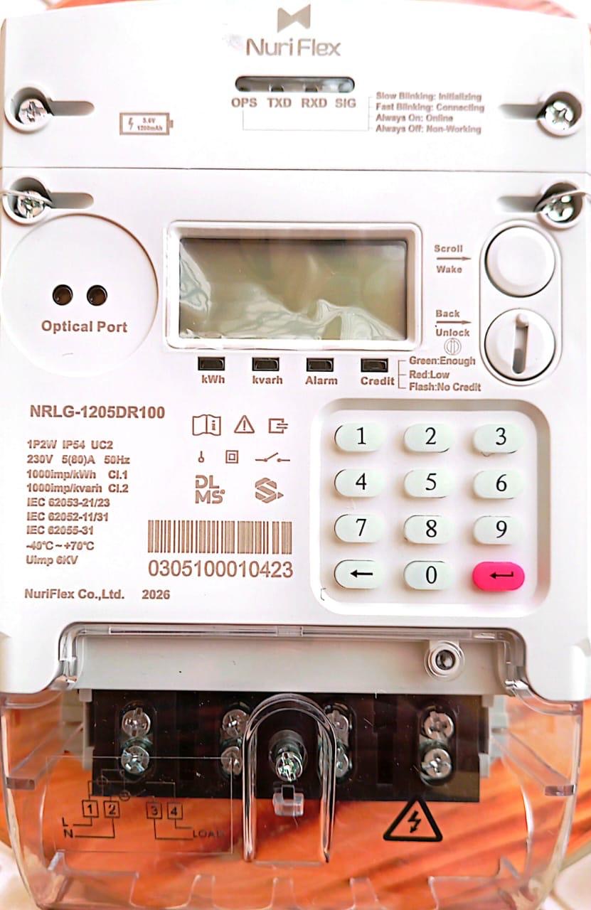 Close-up of single-phase smart prepayment meter display and keypad