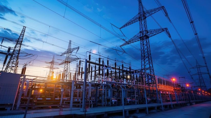 Power transmission substation and pylons at dusk