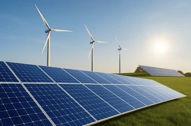 Solar panels and wind turbines at a renewable energy site